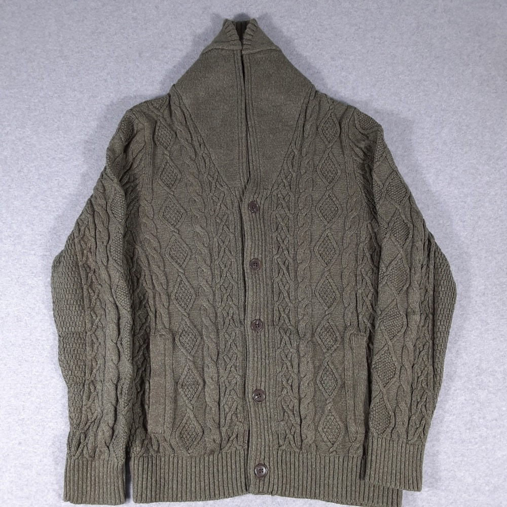 Lands End Mens Olive Green Cable Knit Shawl Collar Button Cardigan Sweater Small
